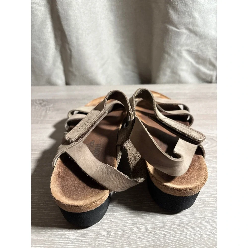 Naot Women 7.5 Tan Leather Strappy Cork Footbed Platform Walking Sandals Nature